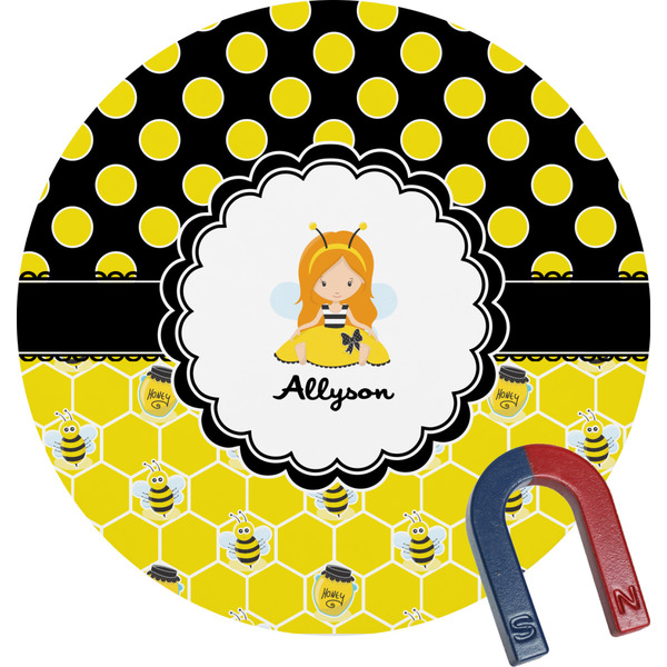 Custom Honeycomb, Bees & Polka Dots Round Fridge Magnet (Personalized)