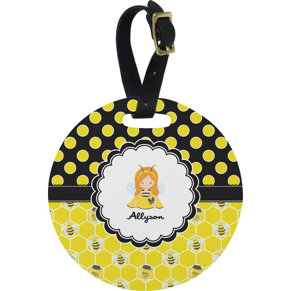 Custom Honeycomb, Bees & Polka Dots Plastic Luggage Tag - Round (Personalized)
