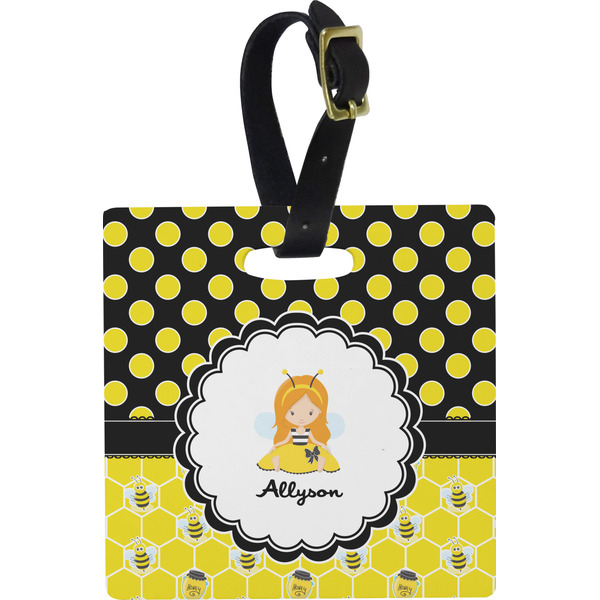 Custom Honeycomb, Bees & Polka Dots Plastic Luggage Tag - Square w/ Name or Text