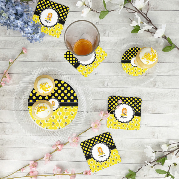 Honeycomb, Bees & Polka Dots Plastic Party Appetizer & Dessert Plates - In Context