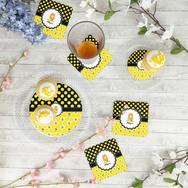 Honeycomb, Bees & Polka Dots Plastic Party Dinner Plates - In Context