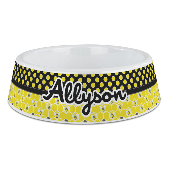 Custom Honeycomb, Bees & Polka Dots Plastic Dog Bowl - Large (Personalized)