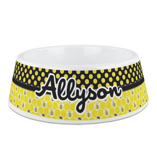 Custom Honeycomb, Bees & Polka Dots Plastic Dog Bowl - Medium (Personalized)