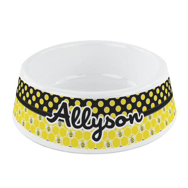Custom Honeycomb, Bees & Polka Dots Plastic Dog Bowl - Small (Personalized)