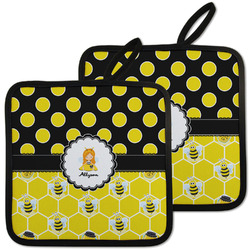 Honeycomb, Bees & Polka Dots Pot Holders - Set of 2 w/ Name or Text