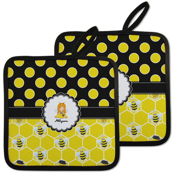 Custom Honeycomb, Bees & Polka Dots Pot Holders - Set of 2 w/ Name or Text