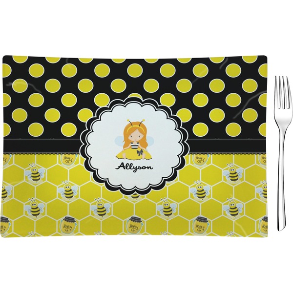 Custom Honeycomb, Bees & Polka Dots Rectangular Glass Appetizer / Dessert Plate - Single or Set (Personalized)