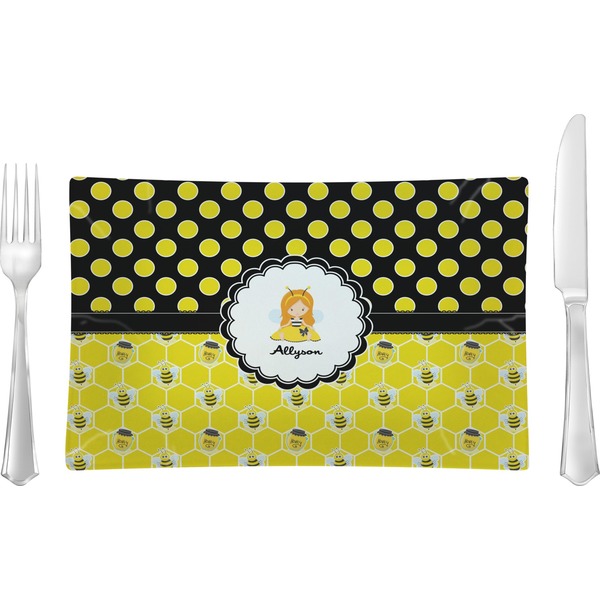 Custom Honeycomb, Bees & Polka Dots Glass Rectangular Lunch / Dinner Plate (Personalized)