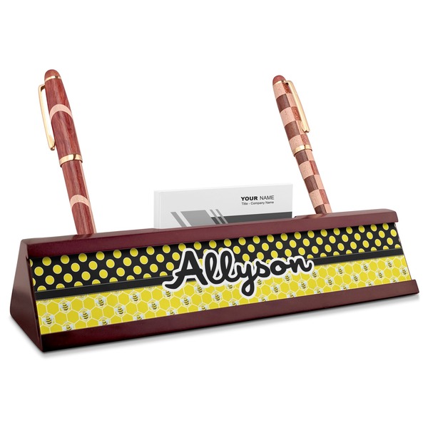Custom Honeycomb, Bees & Polka Dots Red Mahogany Nameplate with Business Card Holder (Personalized)