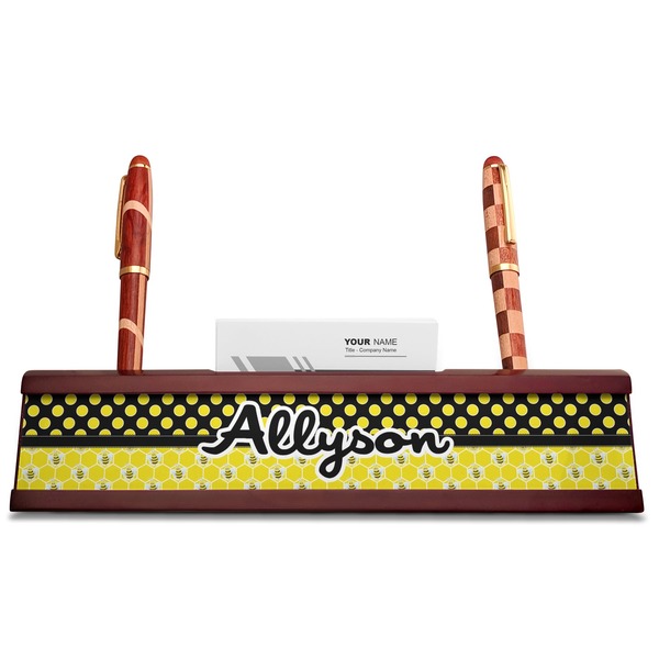 Honeycomb, Bees & Polka Dots Red Mahogany Nameplates with Business Card Holder - Straight