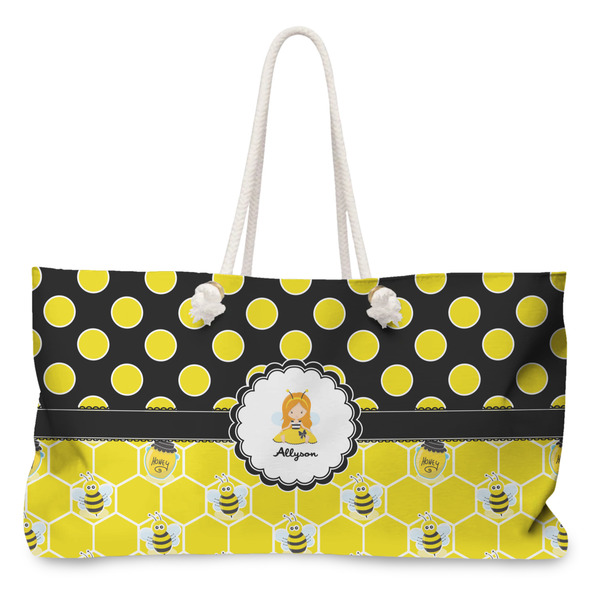 Custom Honeycomb, Bees & Polka Dots Large Tote Bag with Rope Handles (Personalized)
