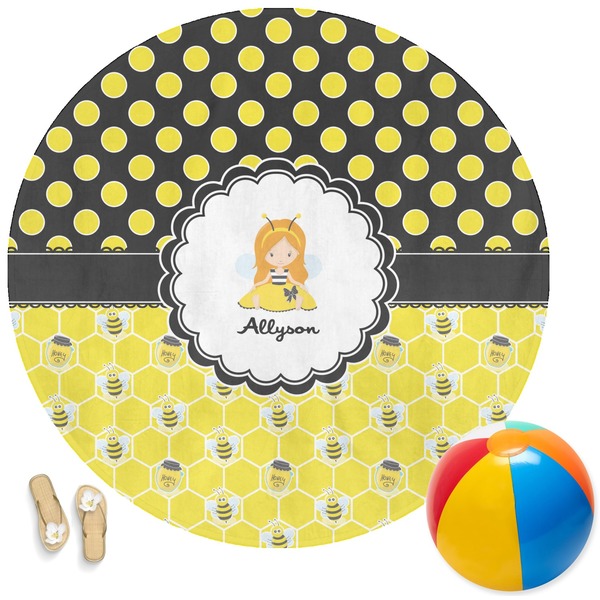 Custom Honeycomb, Bees & Polka Dots Round Beach Towel (Personalized)