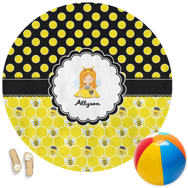 Custom Honeycomb, Bees & Polka Dots Round Beach Towel (Personalized)