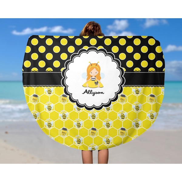 Honeycomb, Bees & Polka Dots Round Beach Towel - In Use