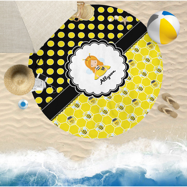 Honeycomb, Bees & Polka Dots Round Beach Towel Lifestyle