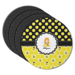 Honeycomb, Bees & Polka Dots Round Rubber Backed Coasters - Set of 4 (Personalized)