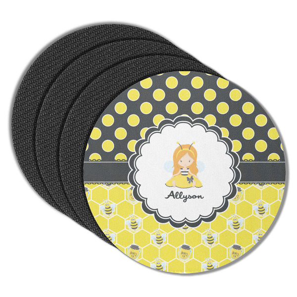Custom Honeycomb, Bees & Polka Dots Round Rubber Backed Coasters - Set of 4 (Personalized)