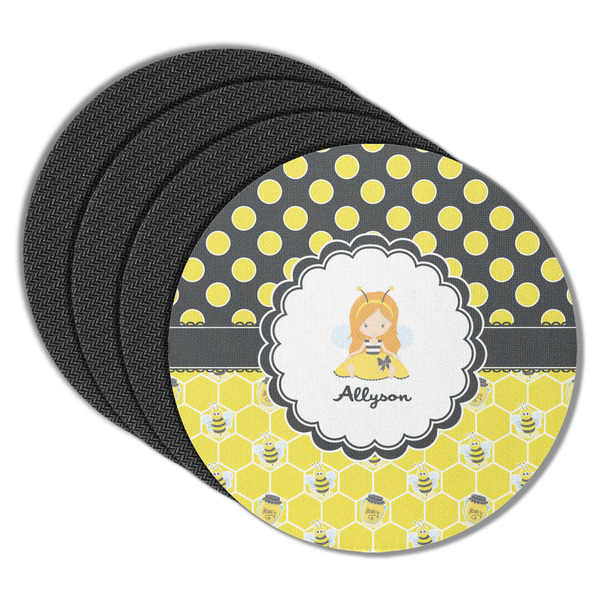 Custom Honeycomb, Bees & Polka Dots Round Rubber Backed Coasters - Set of 4 (Personalized)