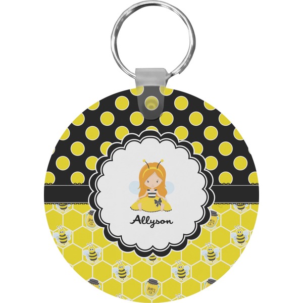 Custom Honeycomb, Bees & Polka Dots Round Plastic Keychain (Personalized)