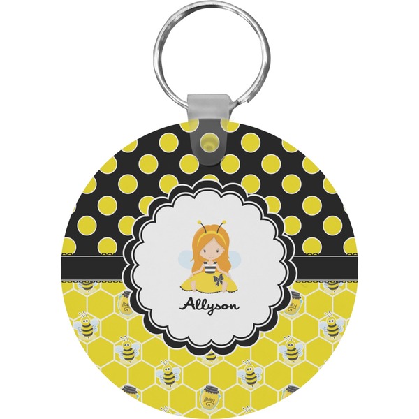 Honeycomb, Bees & Polka Dots Round Keychain (Personalized)