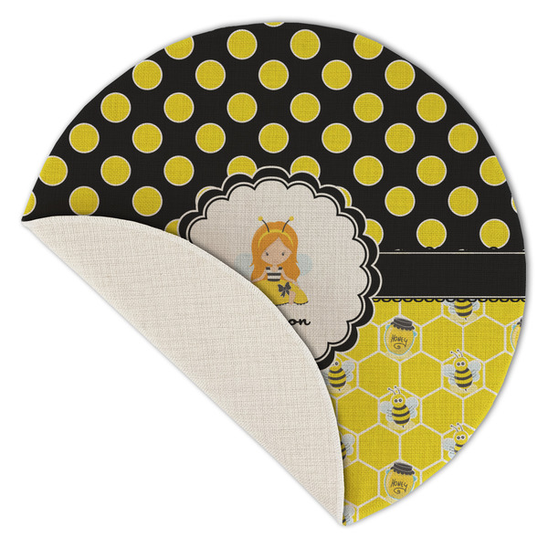 Honeycomb, Bees & Polka Dots Round Linen Placemats - Front (folded corner single sided)
