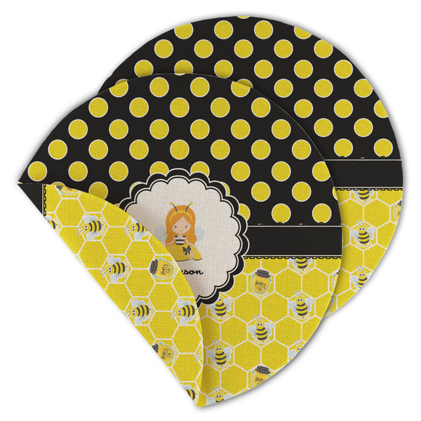 Custom Honeycomb, Bees & Polka Dots Round Linen Placemat - Double Sided (Personalized)