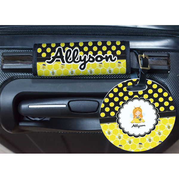 Honeycomb, Bees & Polka Dots Round Luggage Tag & Handle Wrap - In Context