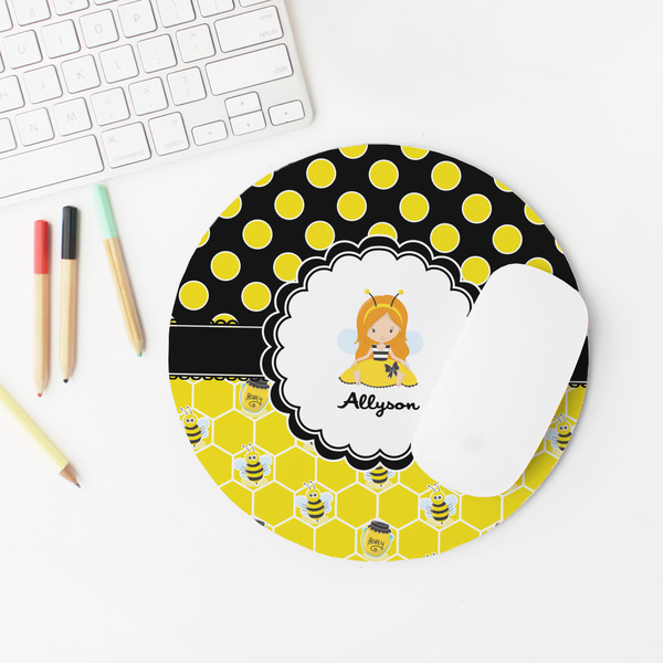 Honeycomb, Bees & Polka Dots Round Mousepad - LIFESTYLE 2