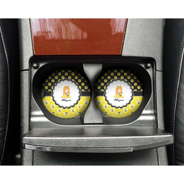Honeycomb, Bees & Polka Dots Sandstone Car Coaster - In Cup Holder
