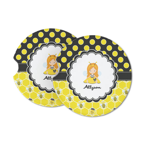 Custom Honeycomb, Bees & Polka Dots Sandstone Car Coasters - Set of 2 (Personalized)