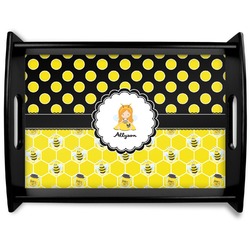 Honeycomb, Bees & Polka Dots Black Wooden Tray - Large (Personalized)