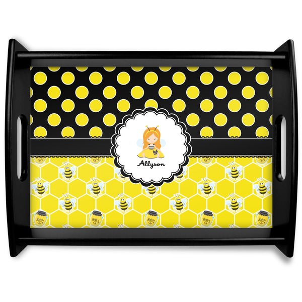 Custom Honeycomb, Bees & Polka Dots Black Wooden Tray - Large (Personalized)