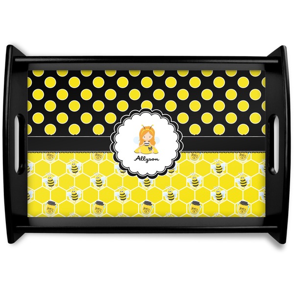 Custom Honeycomb, Bees & Polka Dots Black Wooden Tray - Small (Personalized)