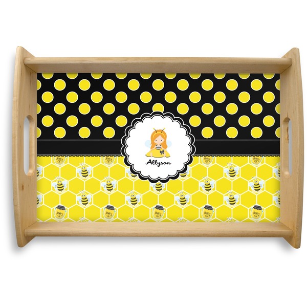 Custom Honeycomb, Bees & Polka Dots Natural Wooden Tray - Small (Personalized)