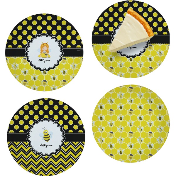 Custom Honeycomb, Bees & Polka Dots Set of 4 Glass Appetizer / Dessert Plate 8" (Personalized)