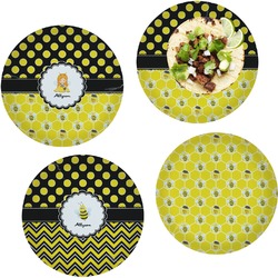Honeycomb, Bees & Polka Dots Set of 4 Glass Lunch / Dinner Plate 10" (Personalized)