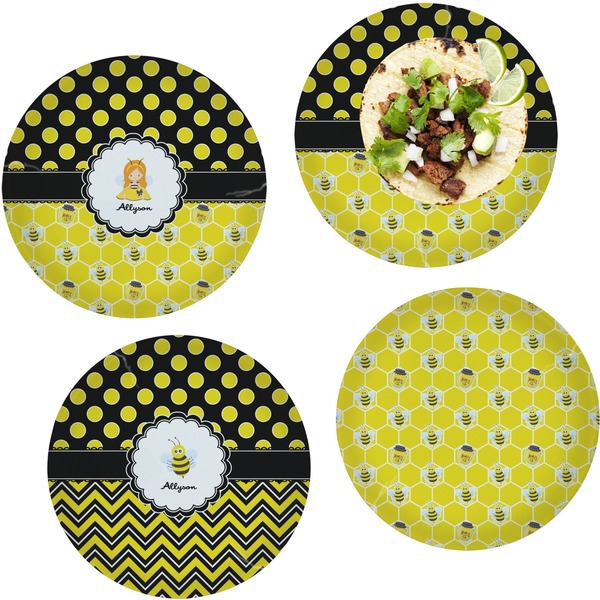 Custom Honeycomb, Bees & Polka Dots Set of 4 Glass Lunch / Dinner Plate 10" (Personalized)