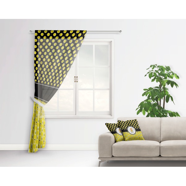 Honeycomb, Bees & Polka Dots Sheer Curtain With Window and Rod - in Room Matching Pillow