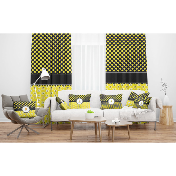 Honeycomb, Bees & Polka Dots Sheer and Custom Curtains in Room with Matching Pillows