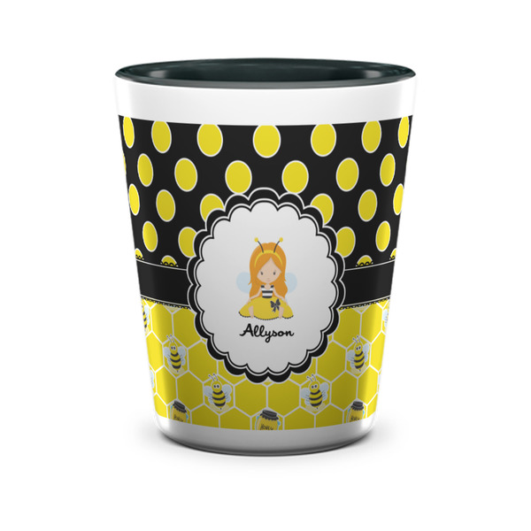 Custom Honeycomb, Bees & Polka Dots Ceramic Shot Glass - 1.5 oz - Two Tone - Single (Personalized)