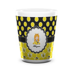 Honeycomb, Bees & Polka Dots Ceramic Shot Glass - 1.5 oz - White - Single (Personalized)