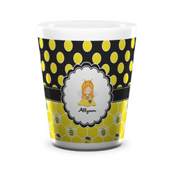 Honeycomb, Bees & Polka Dots Ceramic Shot Glass - 1.5 oz - White - Set of 4 (Personalized)
