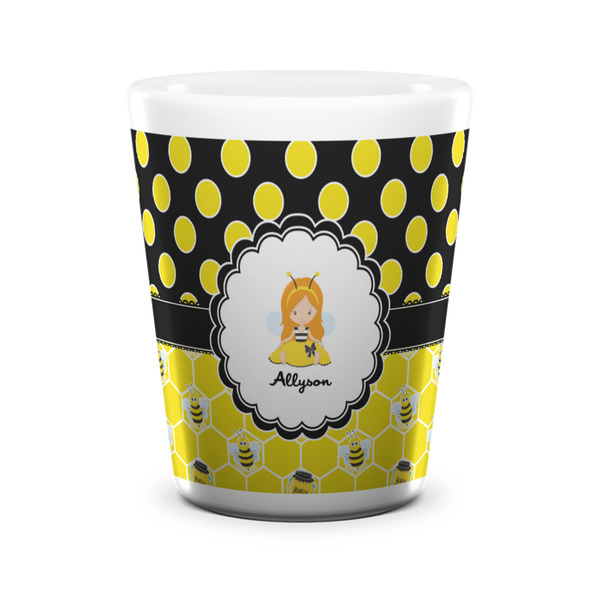 Custom Honeycomb, Bees & Polka Dots Ceramic Shot Glass - 1.5 oz - White - Single (Personalized)