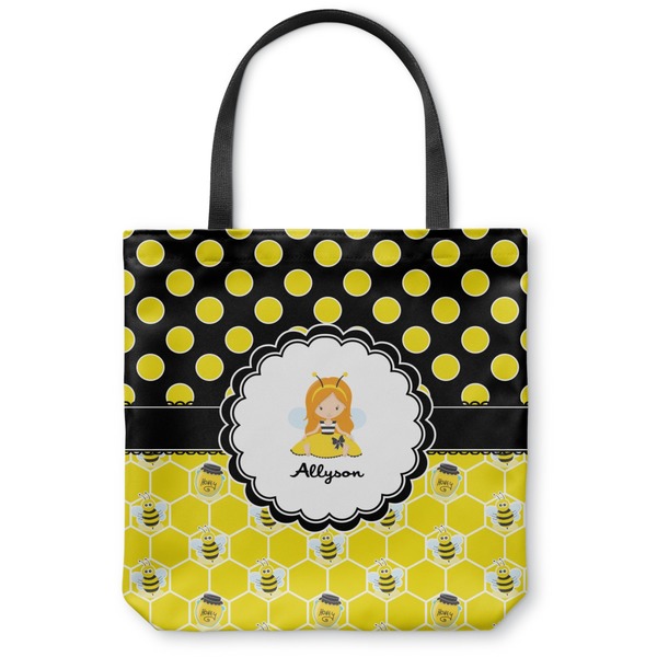 Custom Honeycomb, Bees & Polka Dots Canvas Tote Bag - Small - 13"x13" (Personalized)