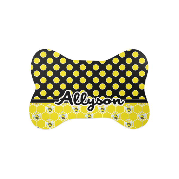 Custom Honeycomb, Bees & Polka Dots Bone Shaped Dog Food Mat (Small) (Personalized)