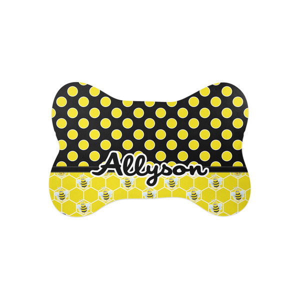 Custom Honeycomb, Bees & Polka Dots Bone Shaped Dog Food Mat (Small) (Personalized)