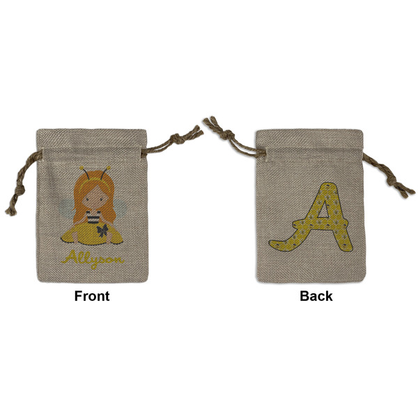 Custom Honeycomb, Bees & Polka Dots Small Burlap Gift Bag - Front & Back (Personalized)