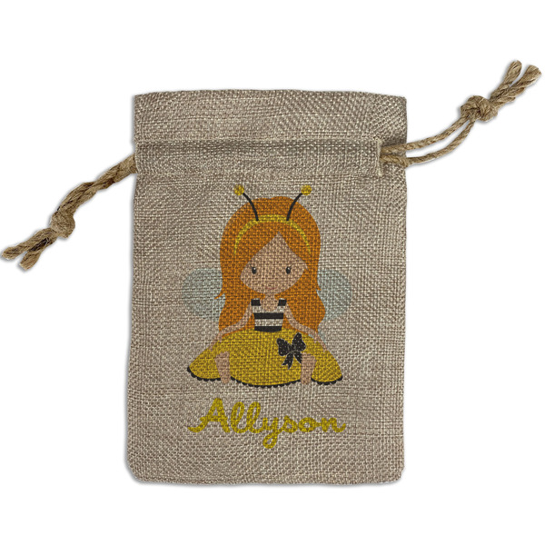 Custom Honeycomb, Bees & Polka Dots Small Burlap Gift Bag - Front (Personalized)