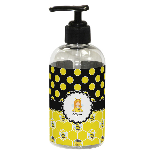 Custom Honeycomb, Bees & Polka Dots Plastic Soap / Lotion Dispenser (8 oz - Small - Black) (Personalized)
