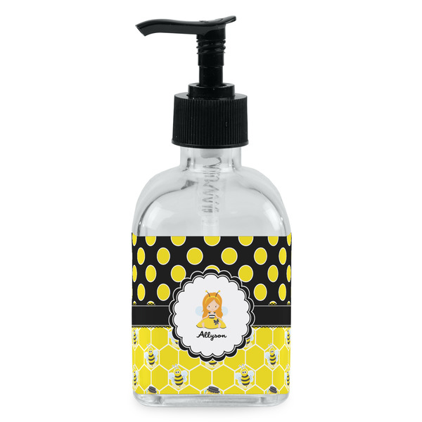 Custom Honeycomb, Bees & Polka Dots Glass Soap & Lotion Bottle - Single Bottle (Personalized)